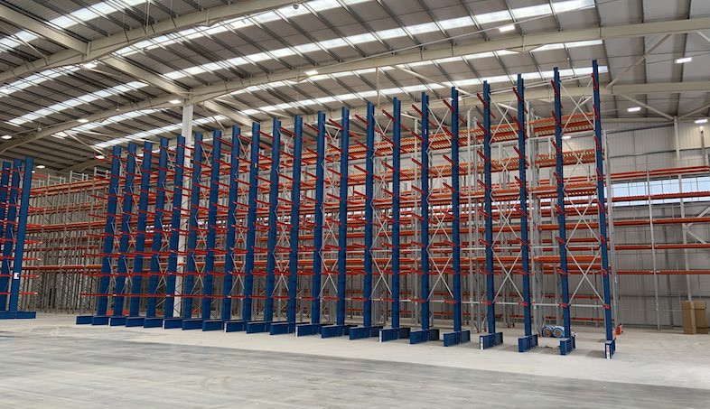 Cantilever racking in a warehouse